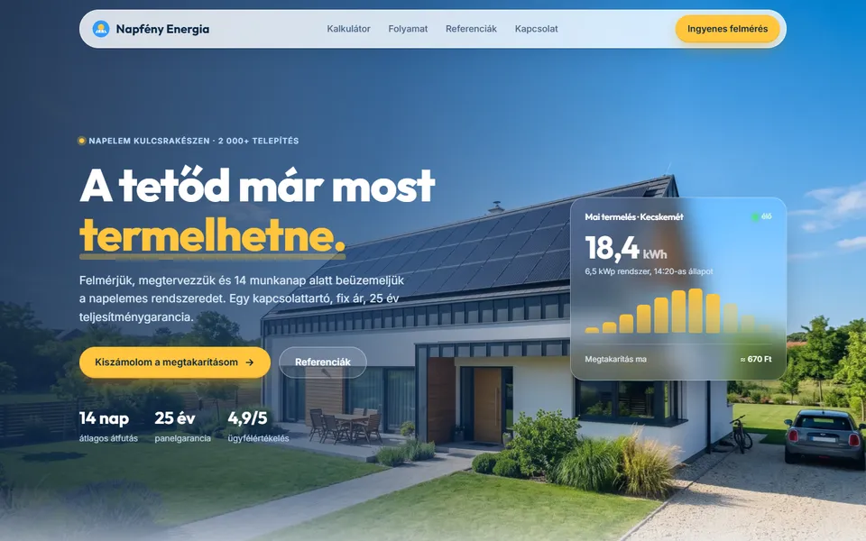 Napfény Energia – napelemes ajánlatkérő landing – előnézet
